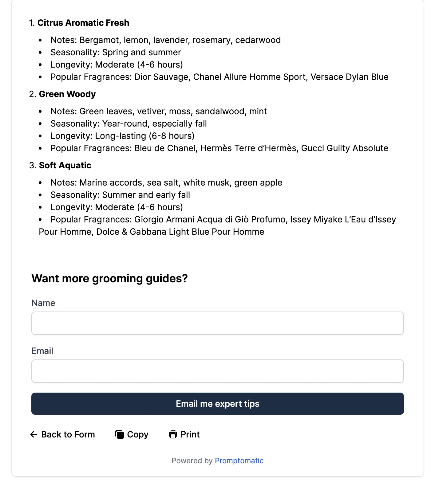 Example form result with email capture
