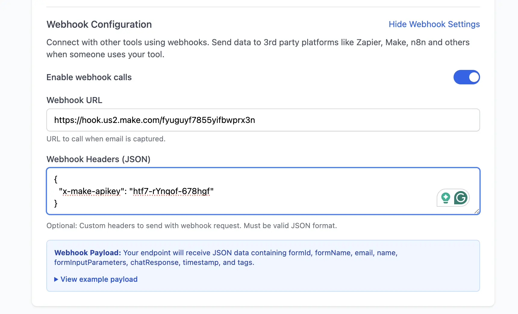 Webhook settings Promptomatic